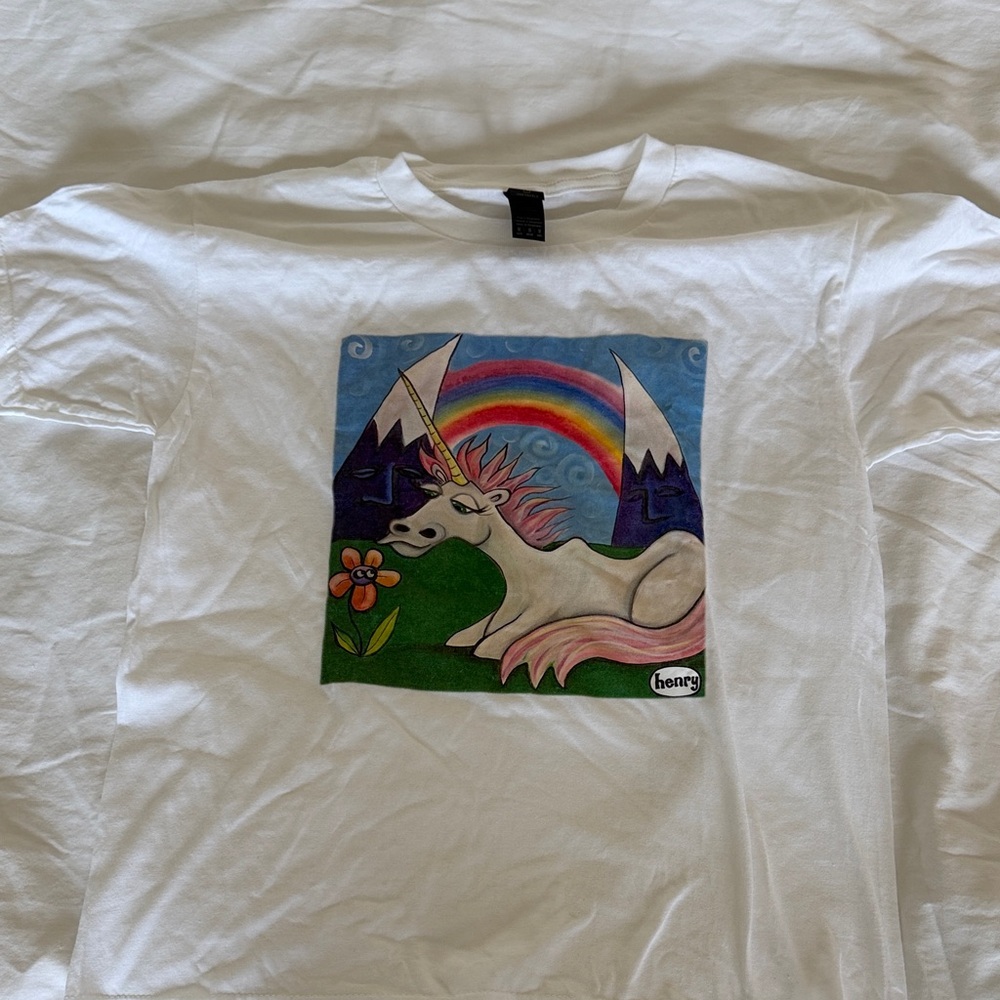 White Kids Tee with Rainbow Unicorn Graphic (Artist: Henry from Seattle)